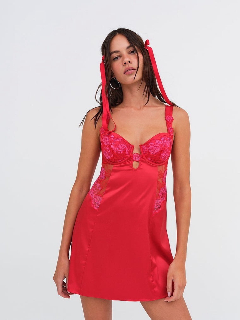 For Love and Lemons Red Lace-Accent Satin Chemise size L